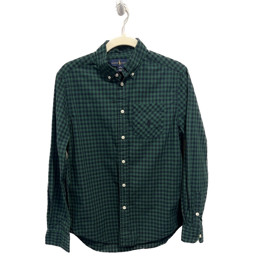 ralph lauren navy/green boys casual long sleeve button down plaid cotton casual